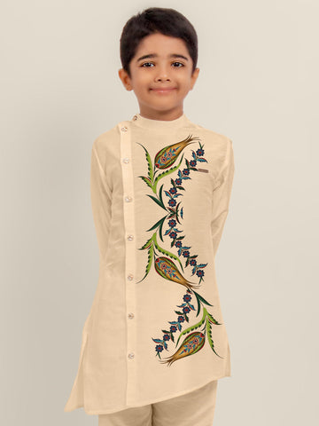 Boys' Beige Dupion Silk Kurta Set – Printed