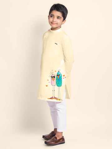Boys' Beige Cotton Kurta Set – Printed