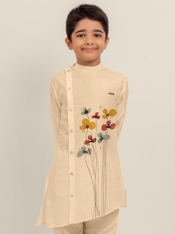 Boys' Beige Dupion Silk Kurta Set – Printed