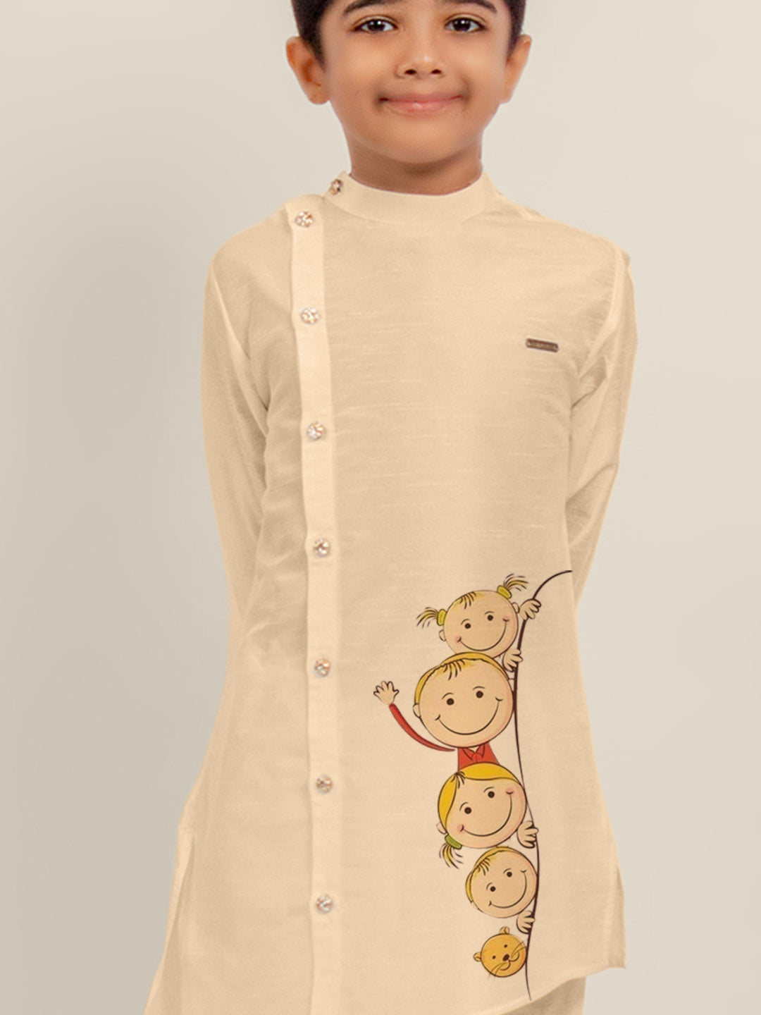 Boys' Beige Art Silk Kurta Set – Printed