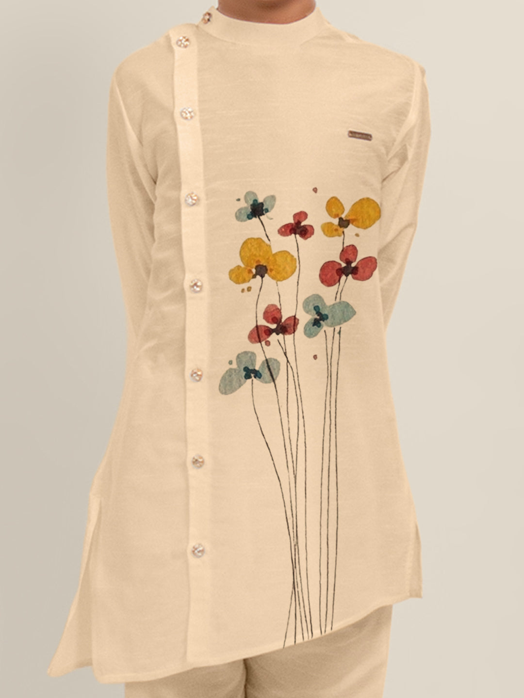 Boys' Beige Dupion Silk Kurta Set – Printed