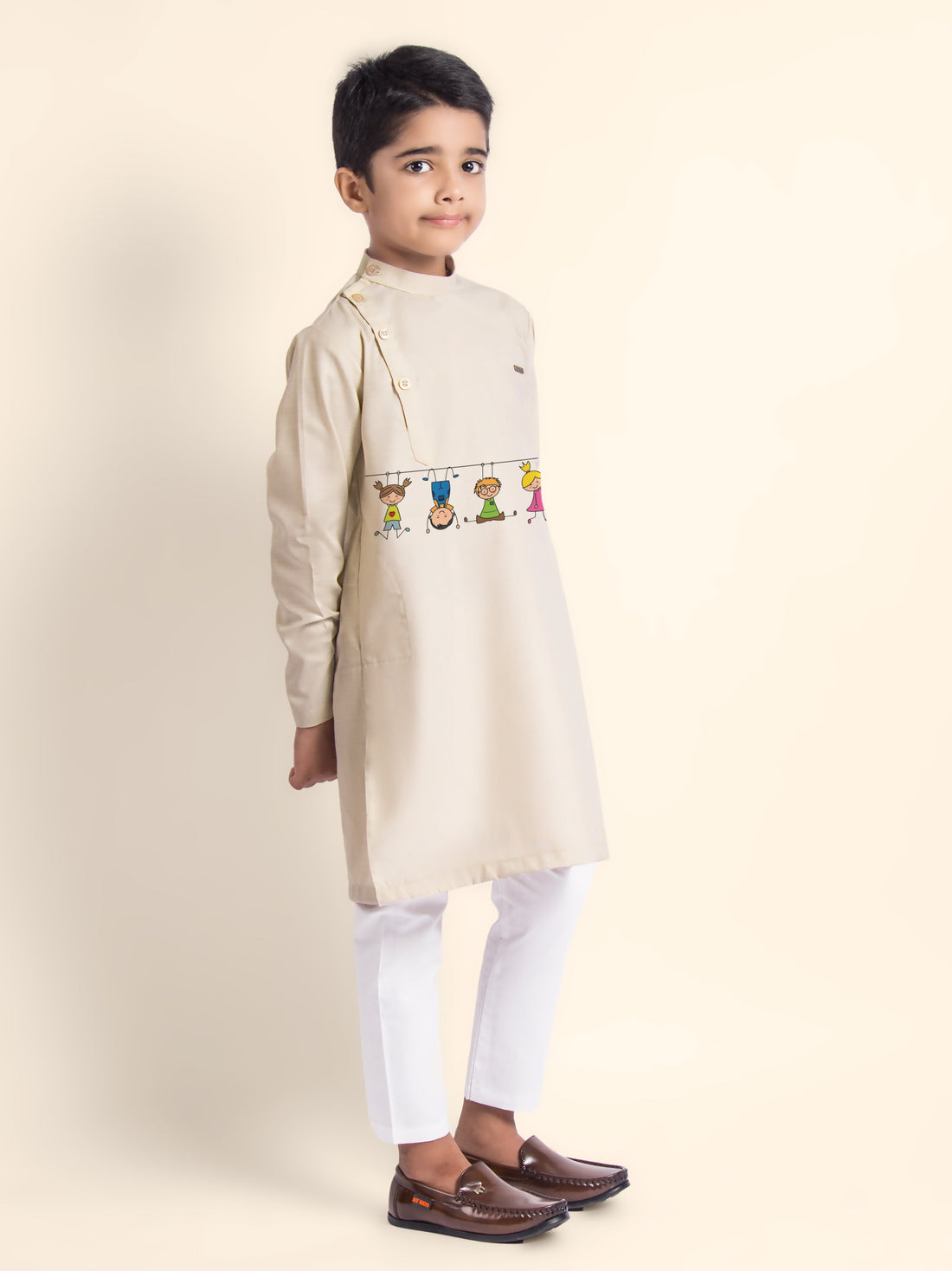 Boys' Beige Cotton Kurta Set – Printed