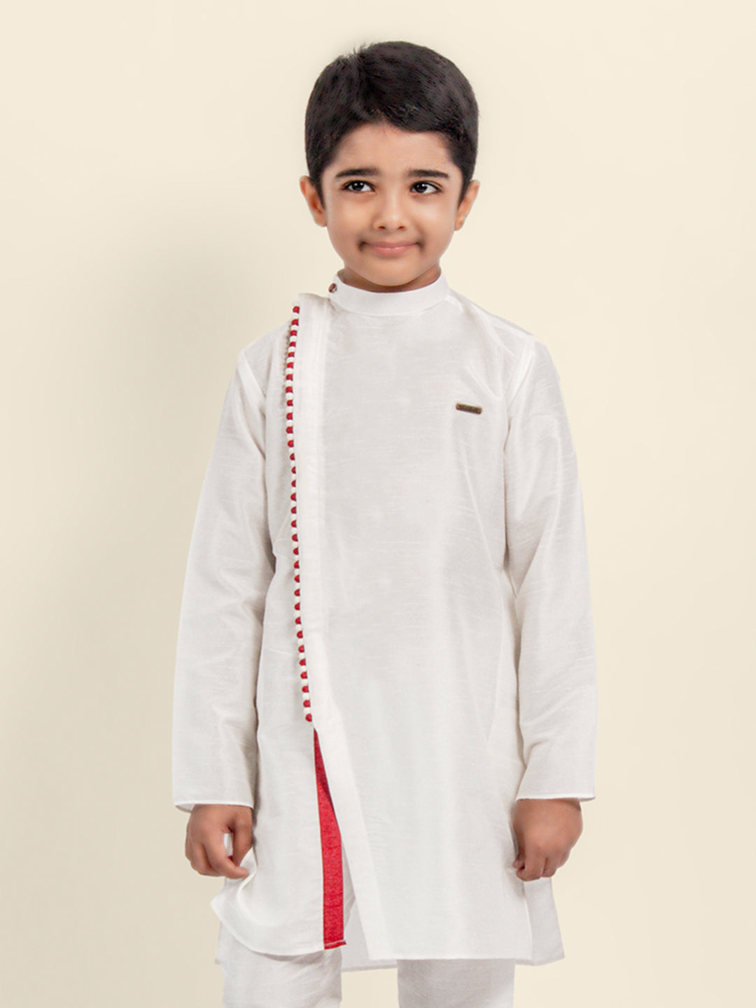Boys' White Dupion Kurta & Pyjama Set – Asymmetric