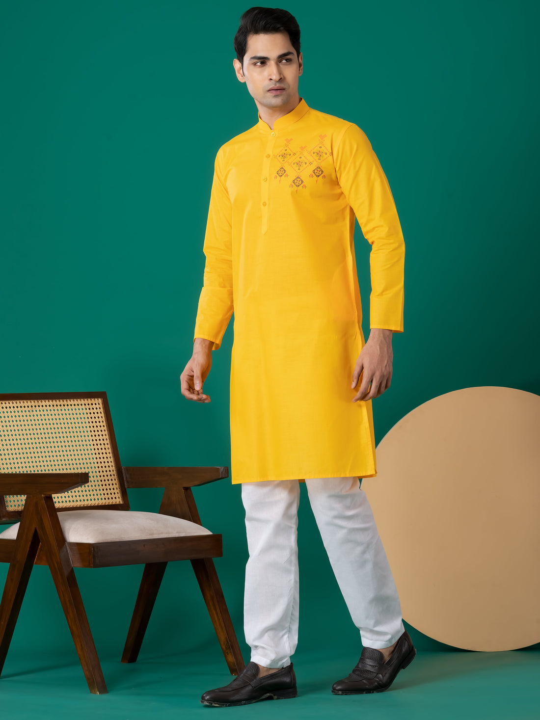 Men's Yellow Cotton Kurta Set – Ethnic Print