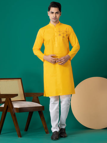 Men's Yellow Cotton Kurta Set – Ethnic Print