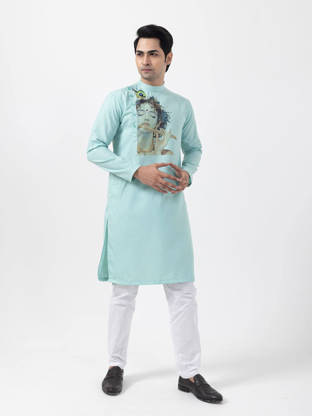 Men's Green Cotton Kurta Set – Lord Krishna Print & Side Placket