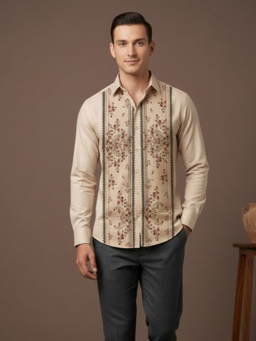 Men's Beige Cotton Shirt – Ethnic Print