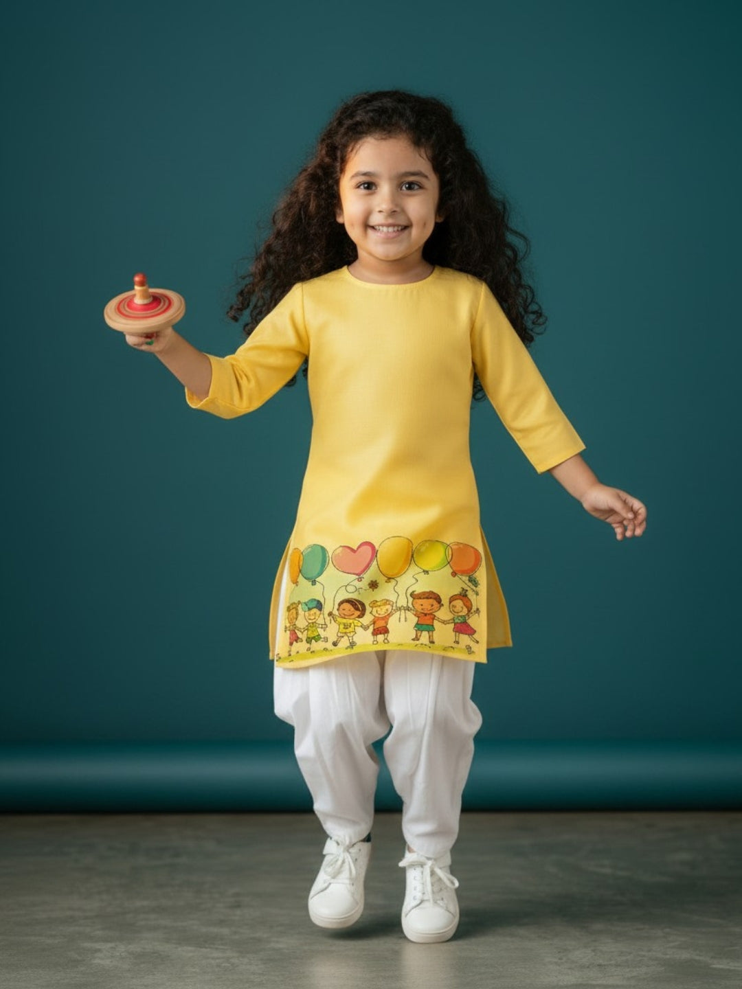 Girls' Yellow Cotton Kurti Set – Ethnic Print