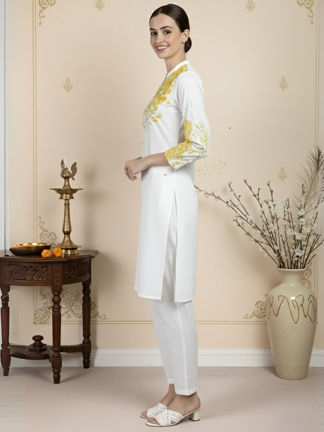 Women's White Cotton Kurti Set – Ethnic Print