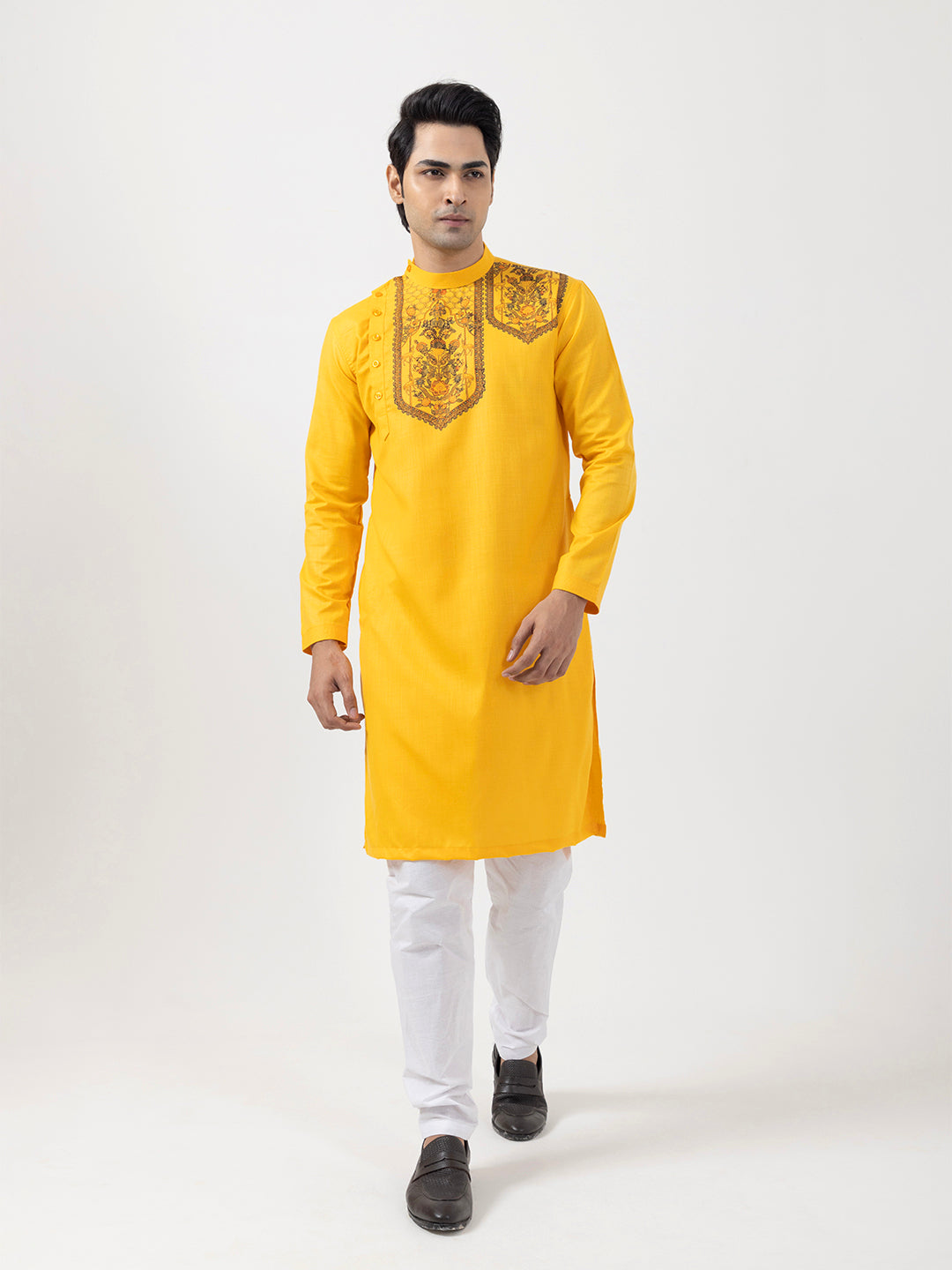 Men's Mustard Cotton Kurta Set – Ethnic Print & Side Placket