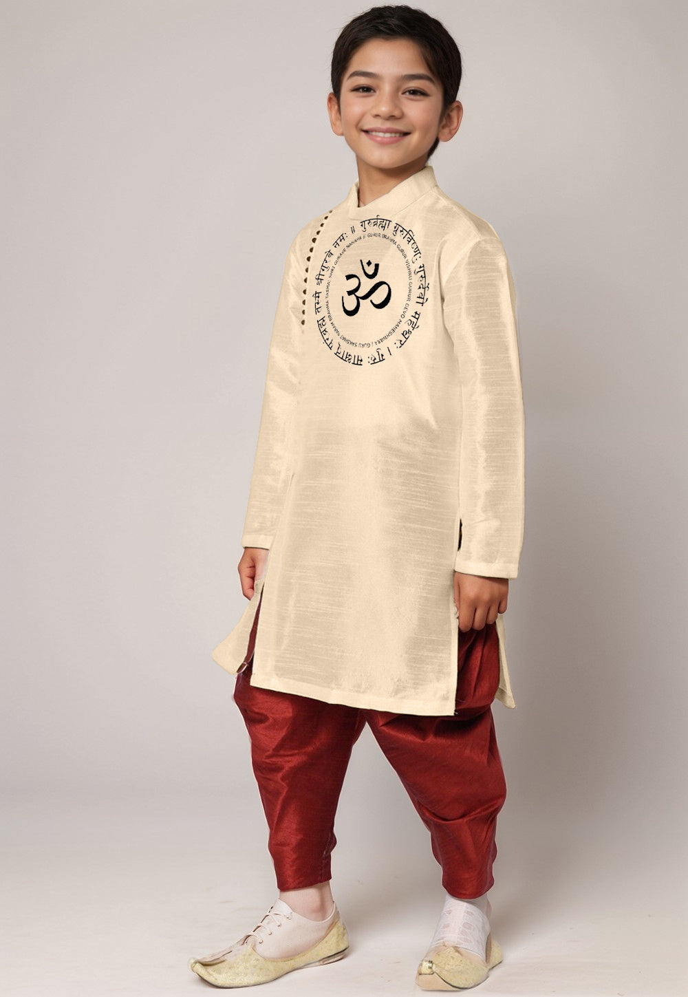 Boys' Beige Dupion Silk Kurta & Dhoti Set – Floral Print