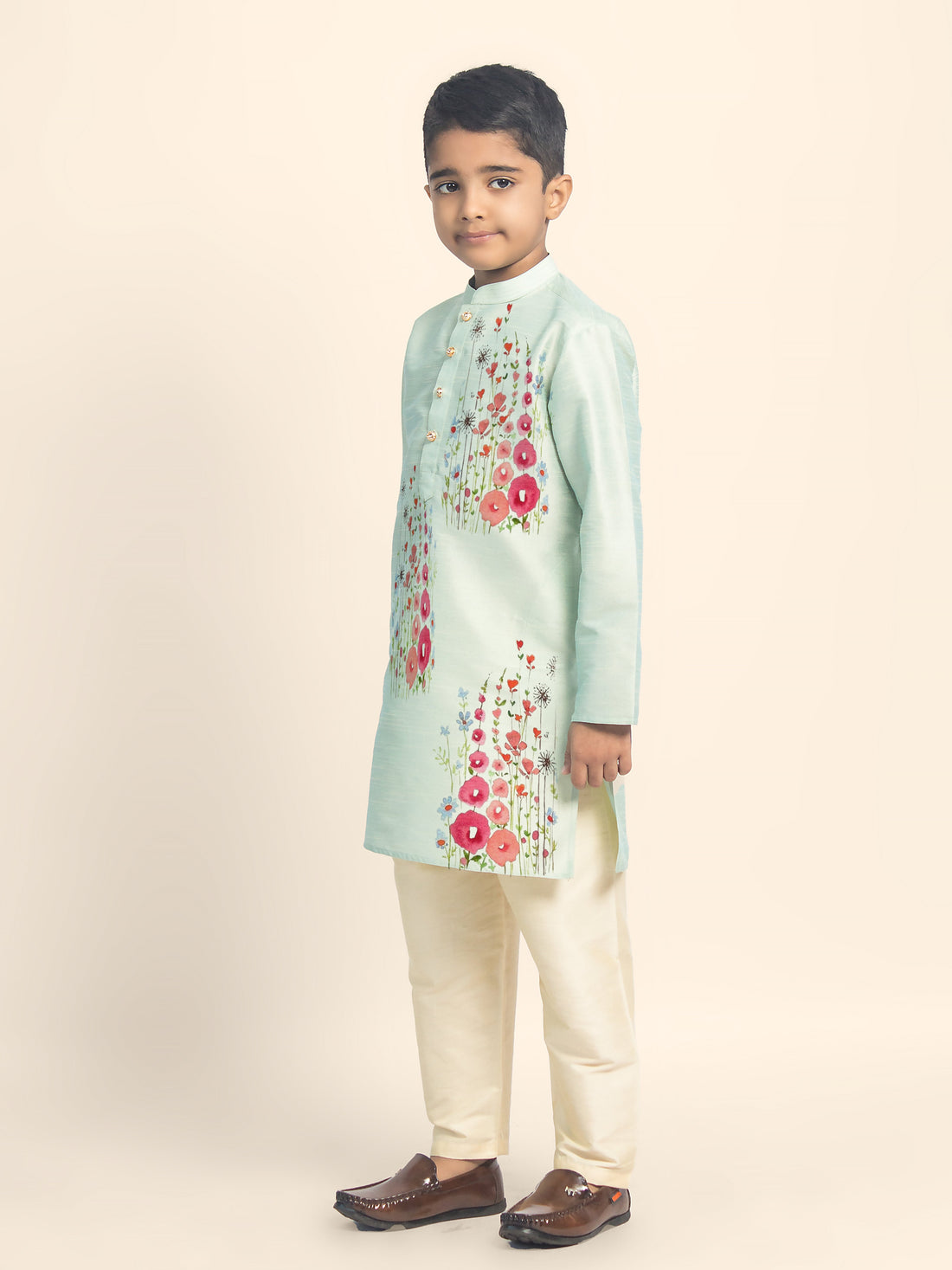 Boys' Green Dupion Silk Kurta Set – Printed