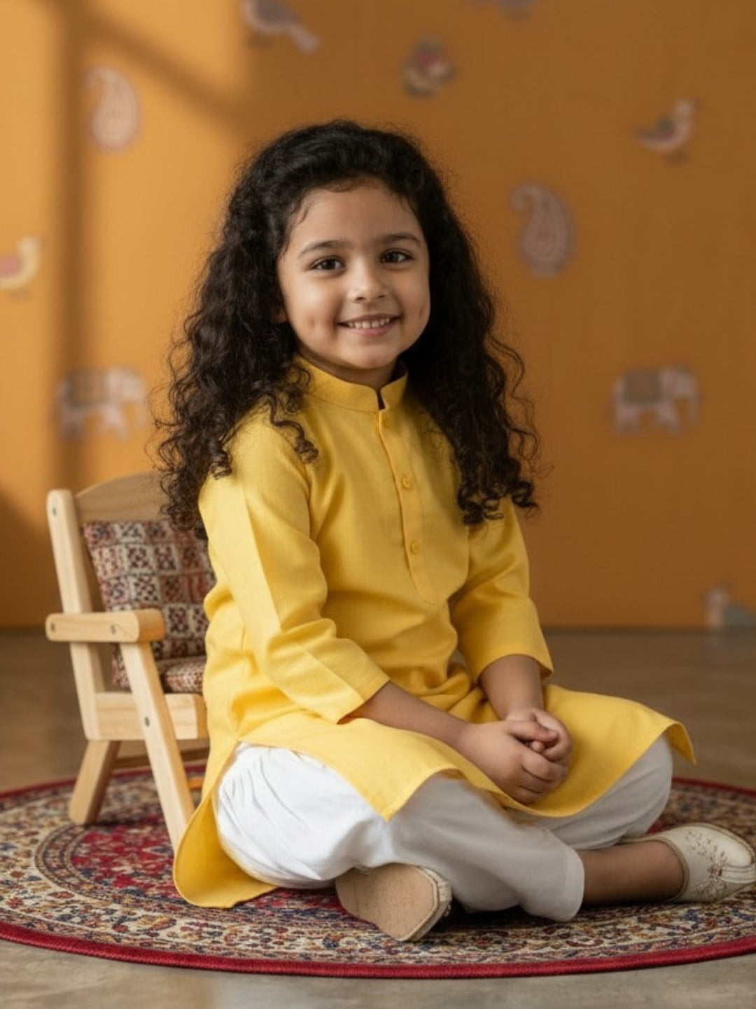 Girls' Yellow Cotton Kurti Set – Solid