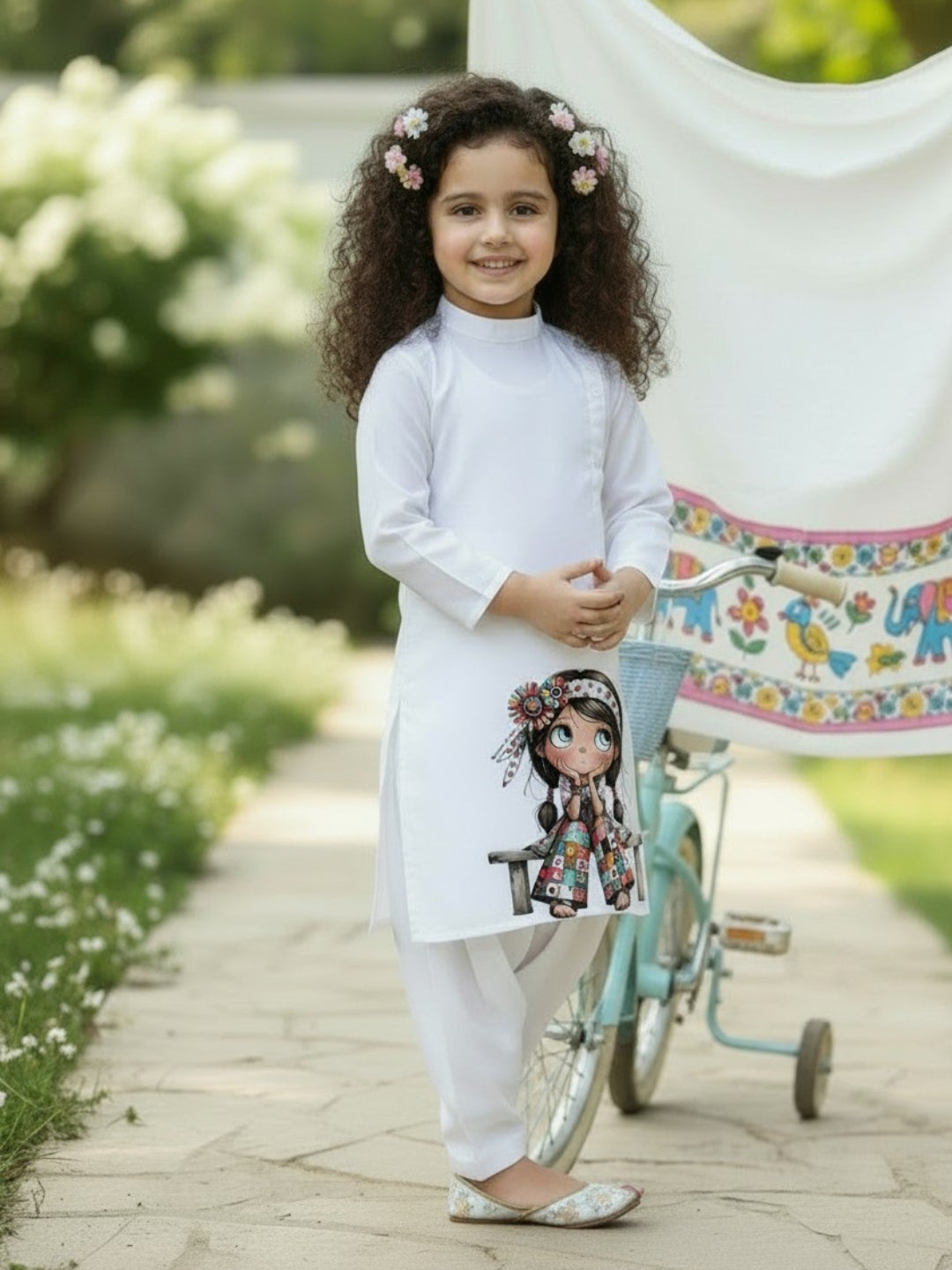 Girls' White Cotton Kurti Set – Ethnic Print