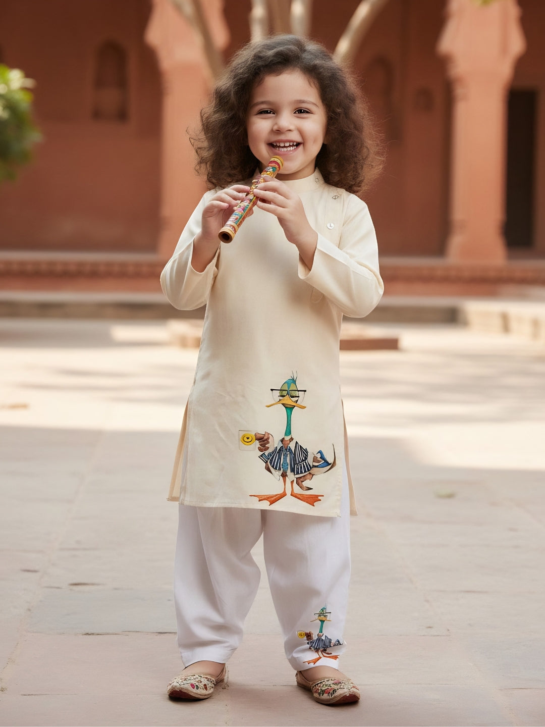 Girls' Beige Cotton Kurti Set – Ethnic Print