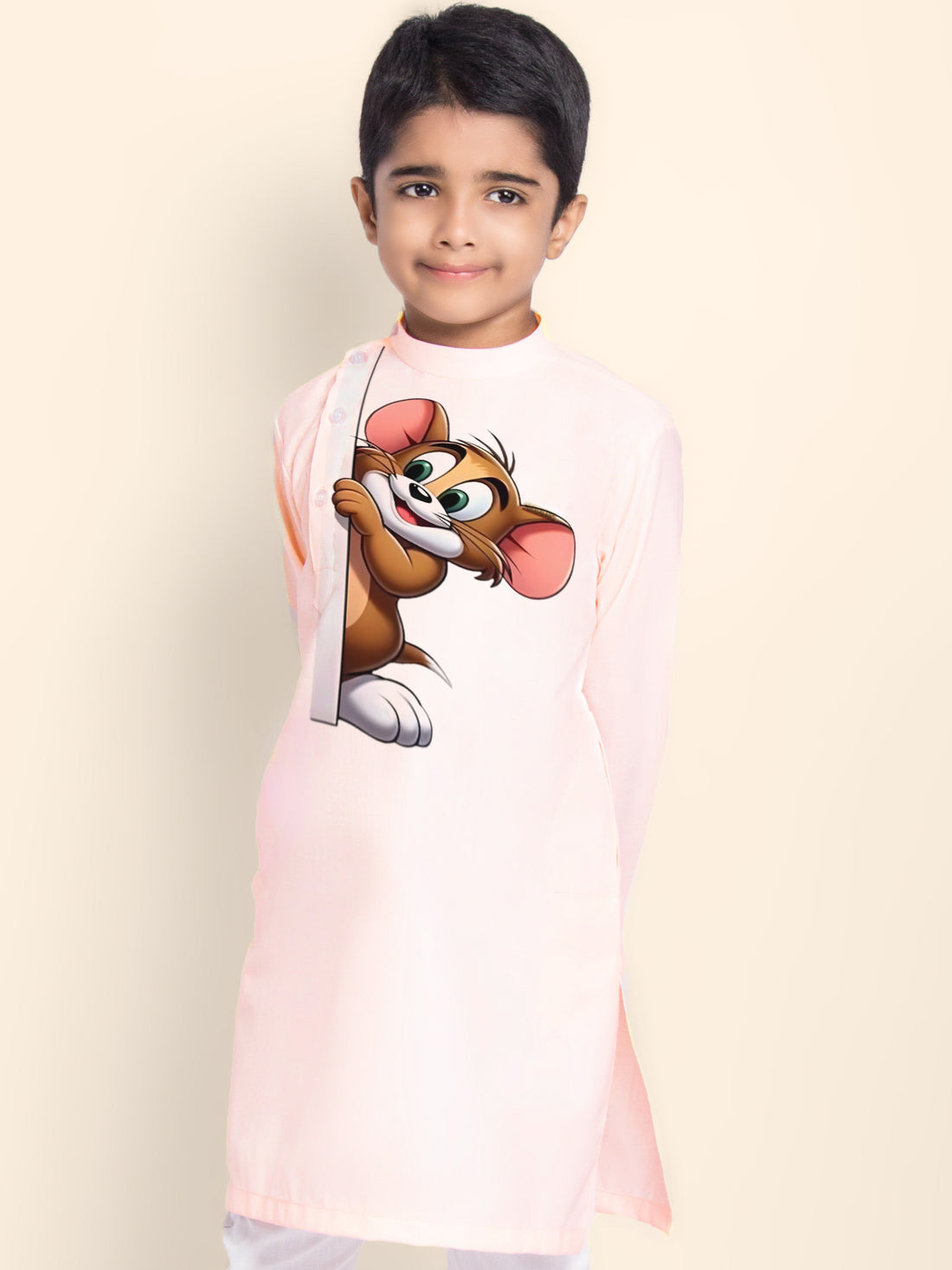 Boys' Pink Cotton Kurta & Pyjama Set – Printed
