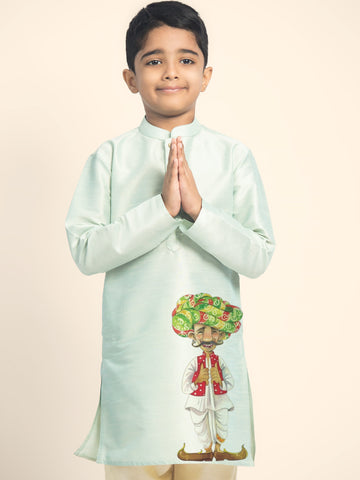 Boys' Green Dupion Silk Kurta Set – Printed