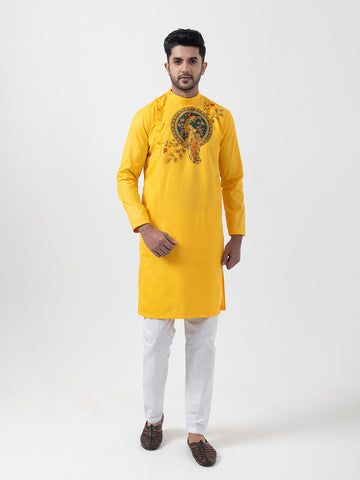 Men's Mustard Cotton Kurta Set – Ethnic Print & Side Placket