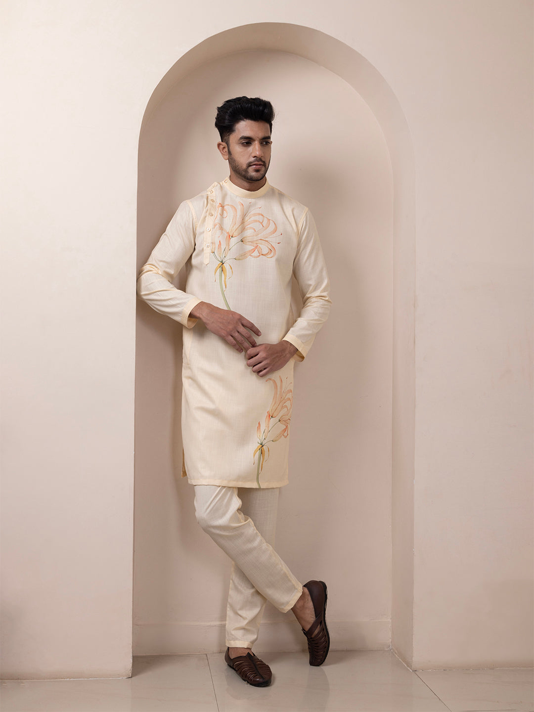 Men's Beige Cotton Kurta Set – Ethnic Print & Side Placket