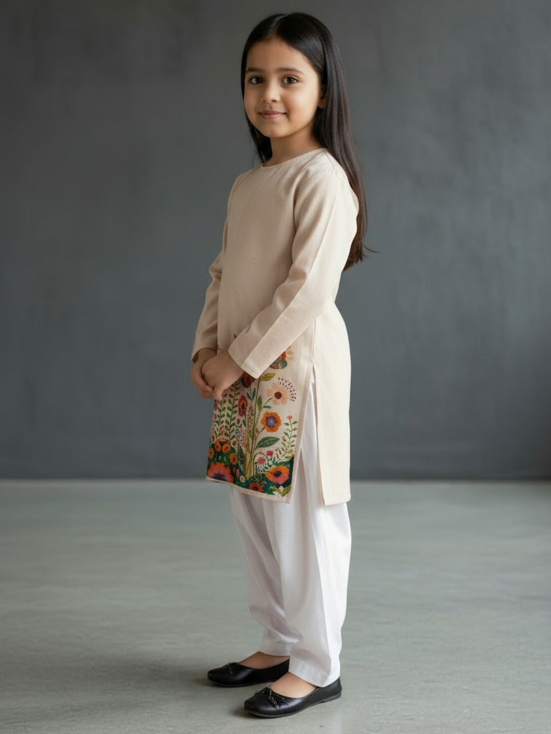 Girls' Beige Cotton Kurti Set – Ethnic Print