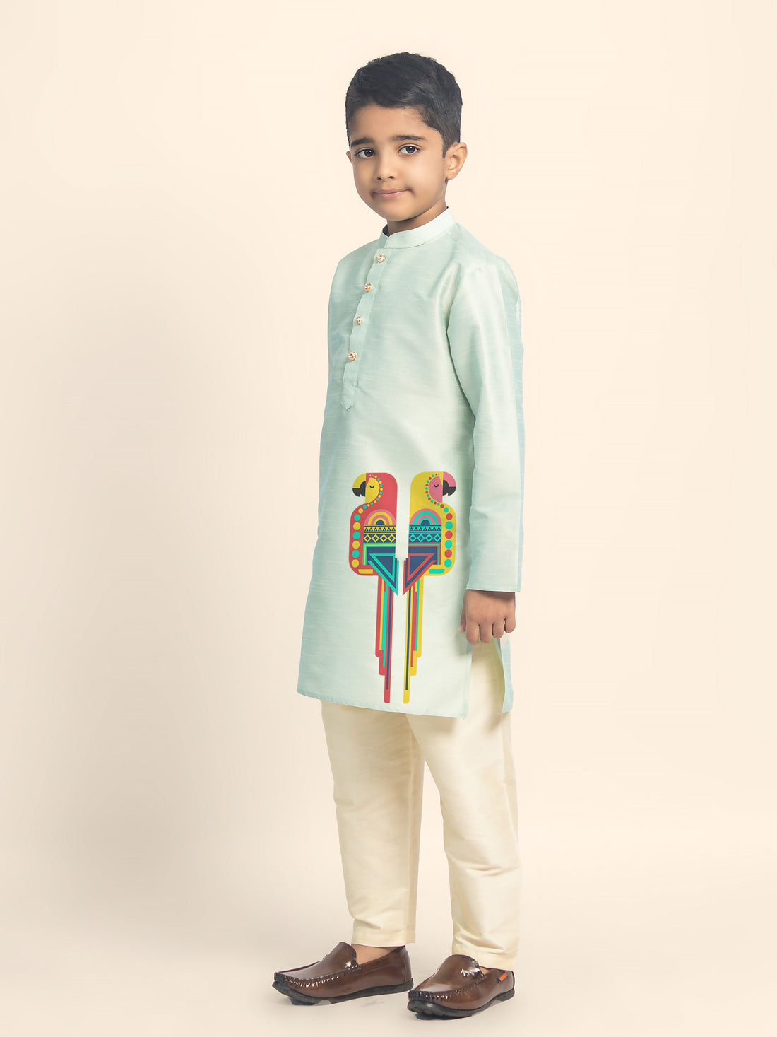 Boys' Green Dupion Silk Kurta & Beige Pyjama Set – Printed