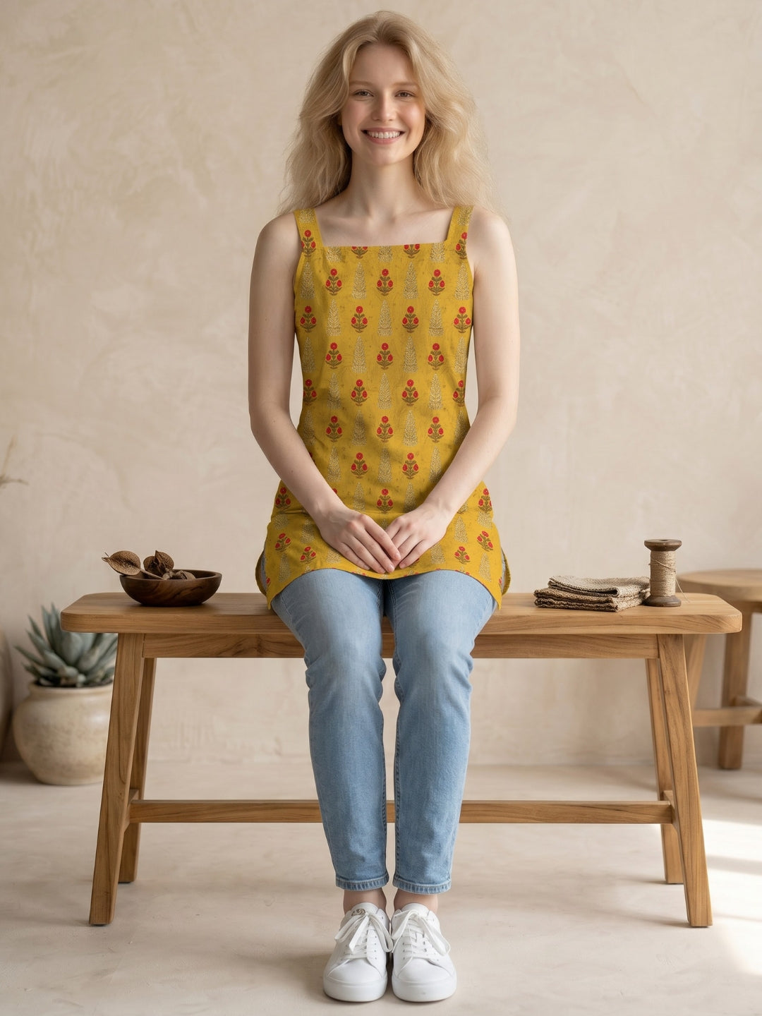 Women's Yellow Cotton Sleeveless Top – Floral Print