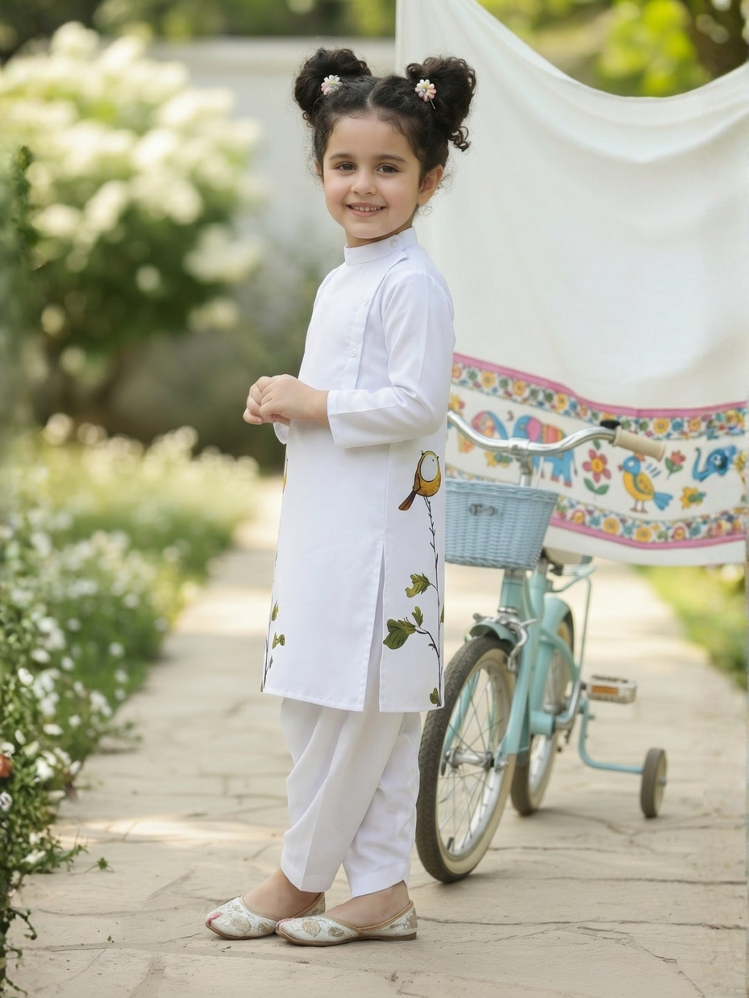 Girls' White Cotton Kurti Set – Ethnic Print