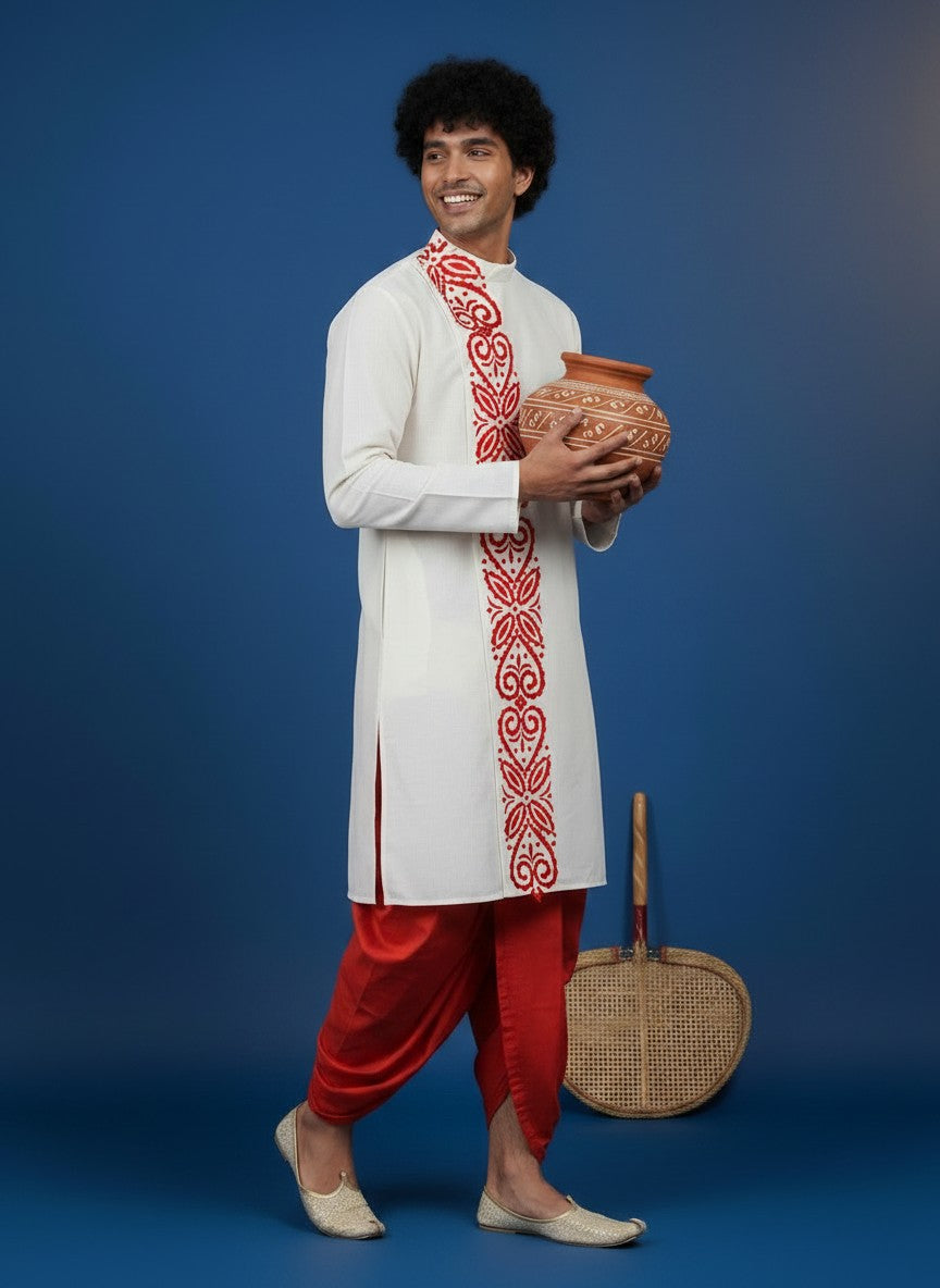 Men's White Cotton Kurta with Dhoti Set – Ethnic Print & Side Placket