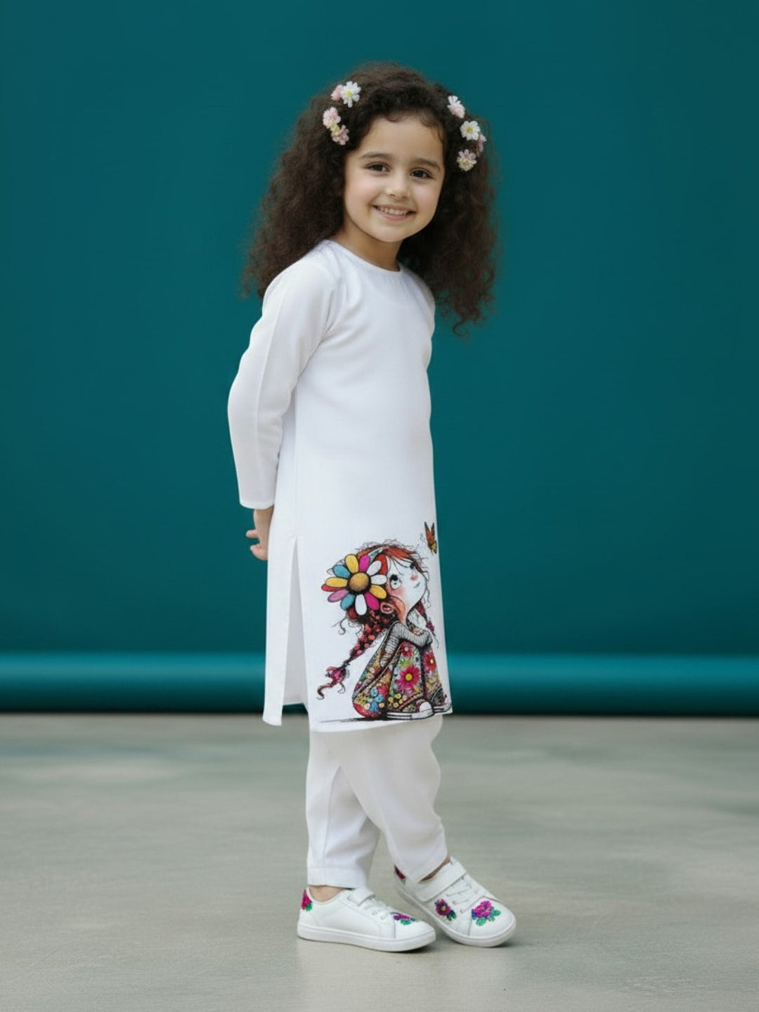 Girls' White Cotton Kurti Set – Ethnic Print