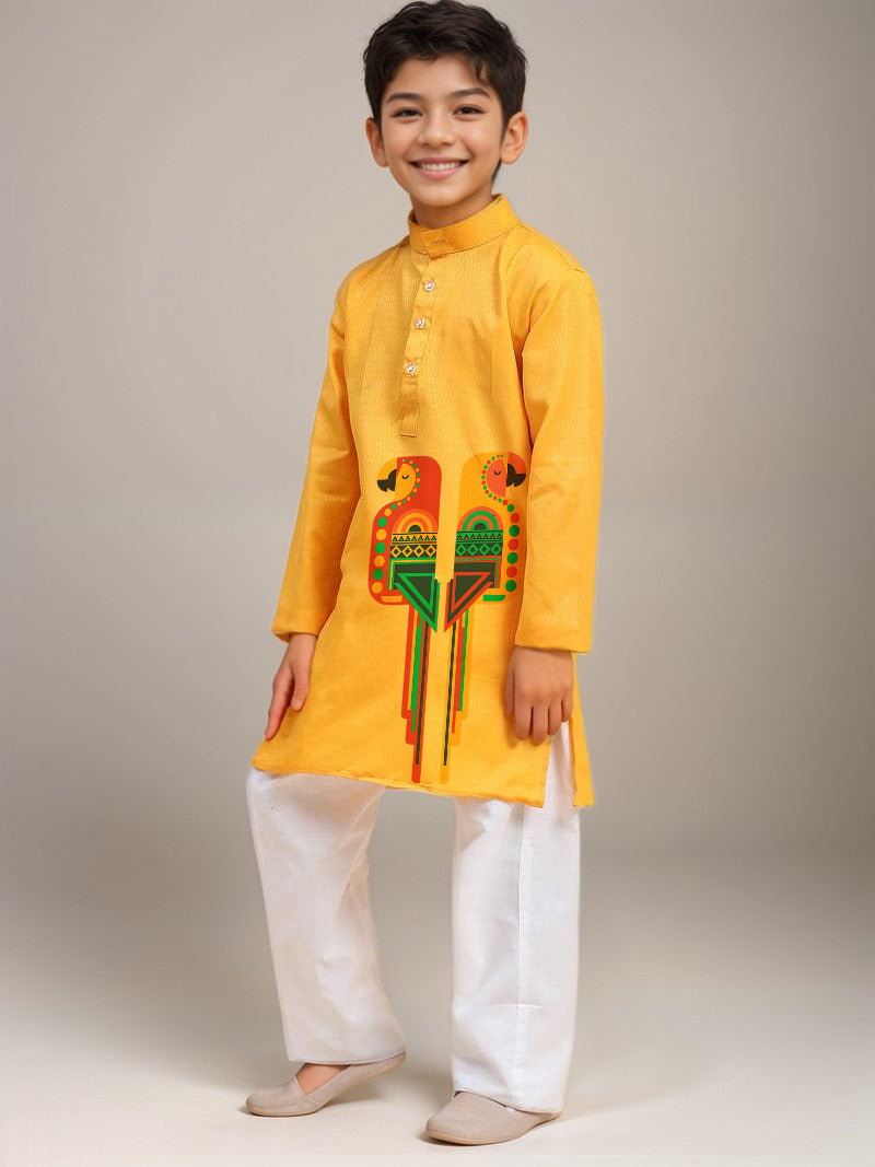 Boys' Yellow Cotton Kurta & Pyjama Set – Printed