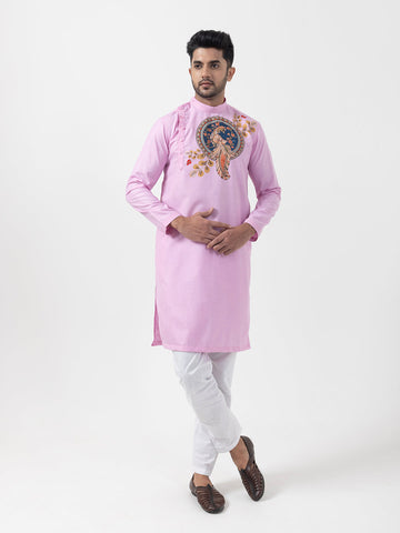 Men's Pink Cotton Kurta Set – Ethnic Print & Side Placket
