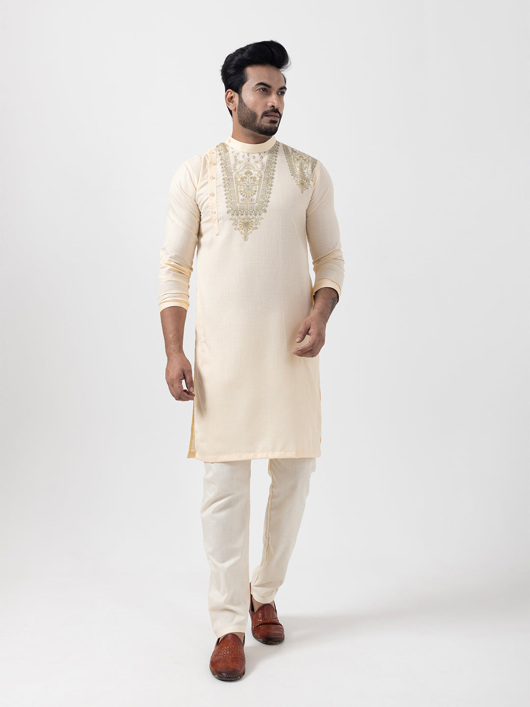 Men's Beige Cotton Kurta Set – Ethnic Print & Side Placket