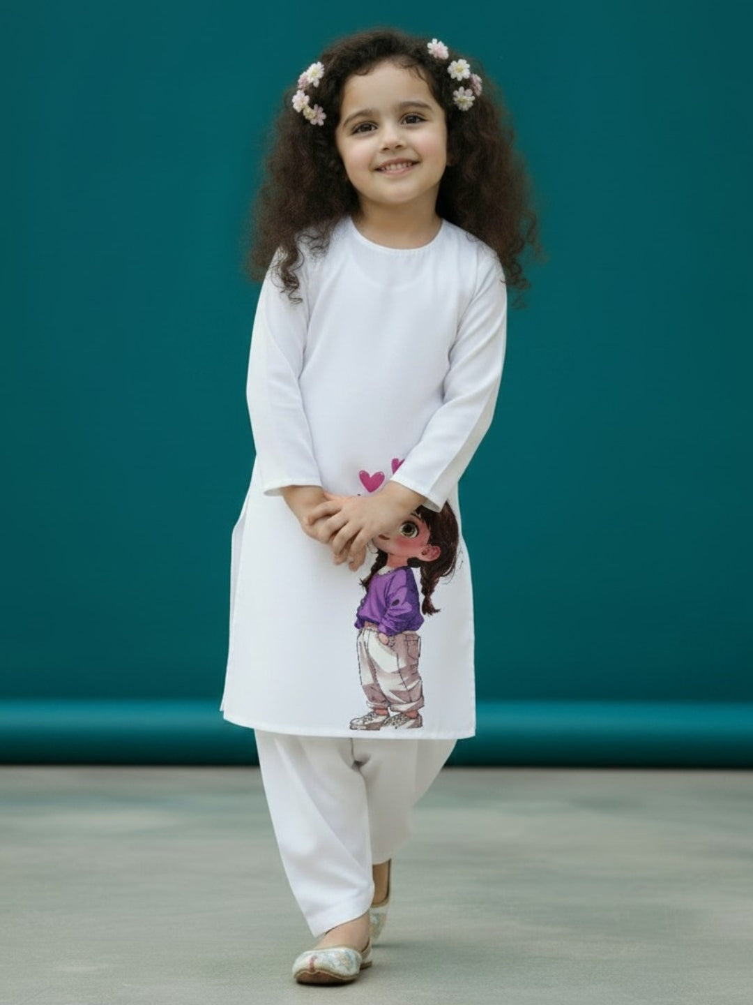 Girls' White Cotton Kurti Set – Ethnic Print