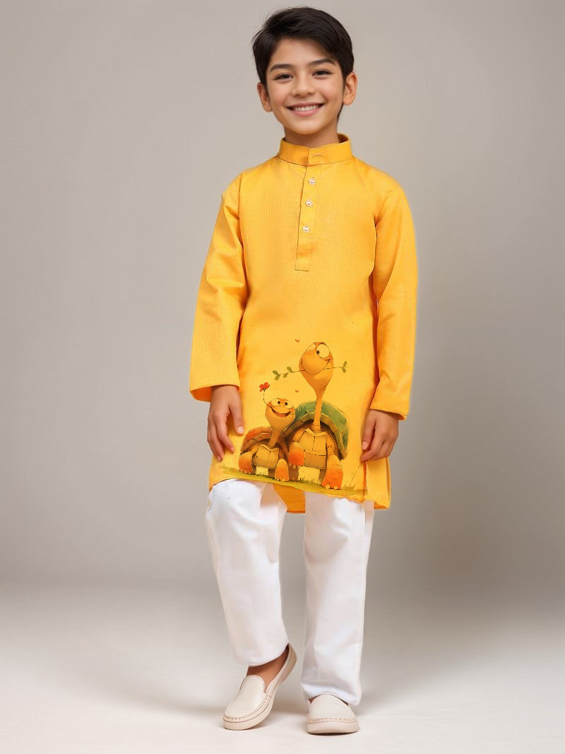 Boys' Yellow Cotton Kurta & Pyjama Set – Printed