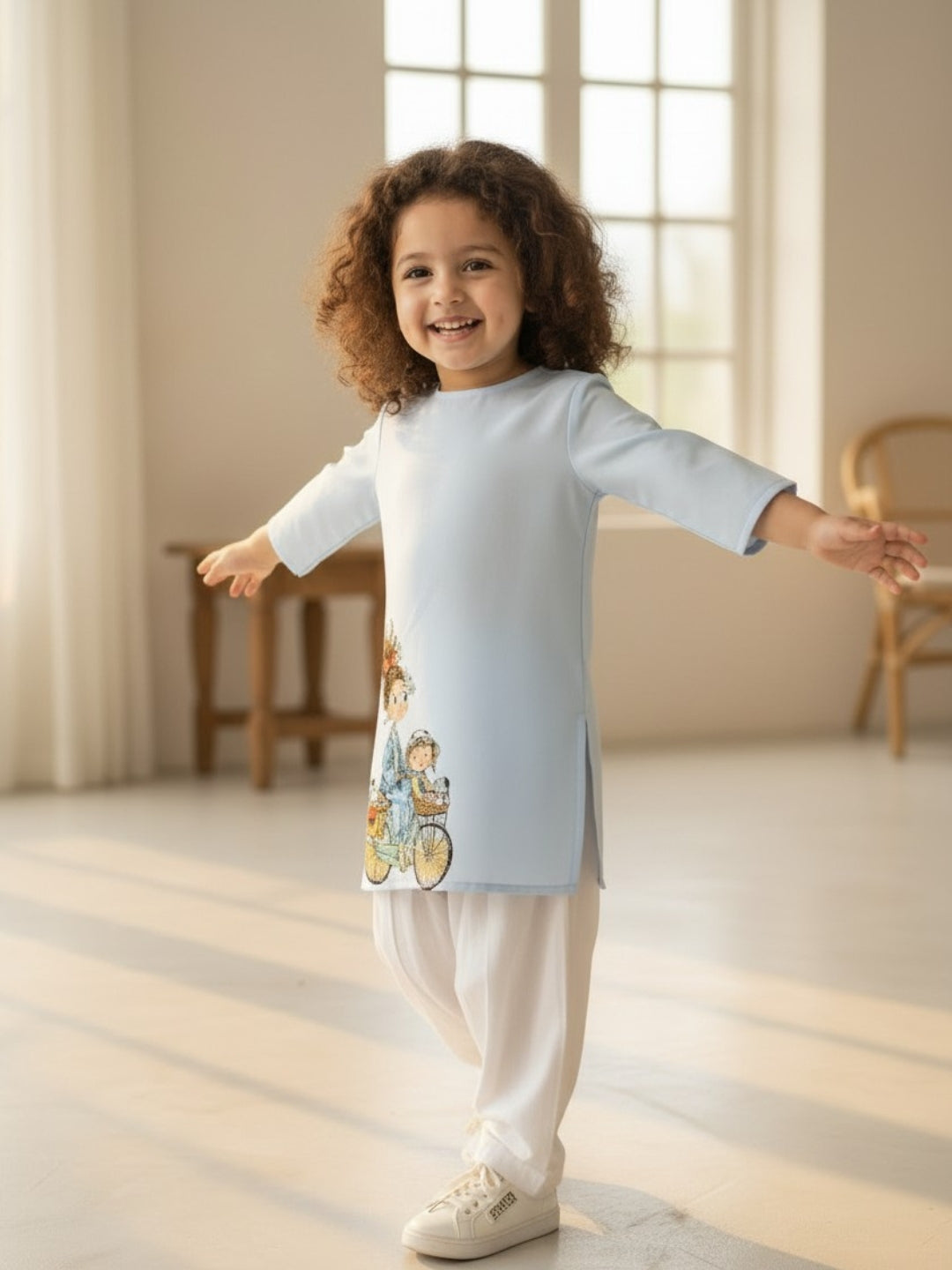 Girls' Sky Blue Cotton Kurti Set – Ethnic Print