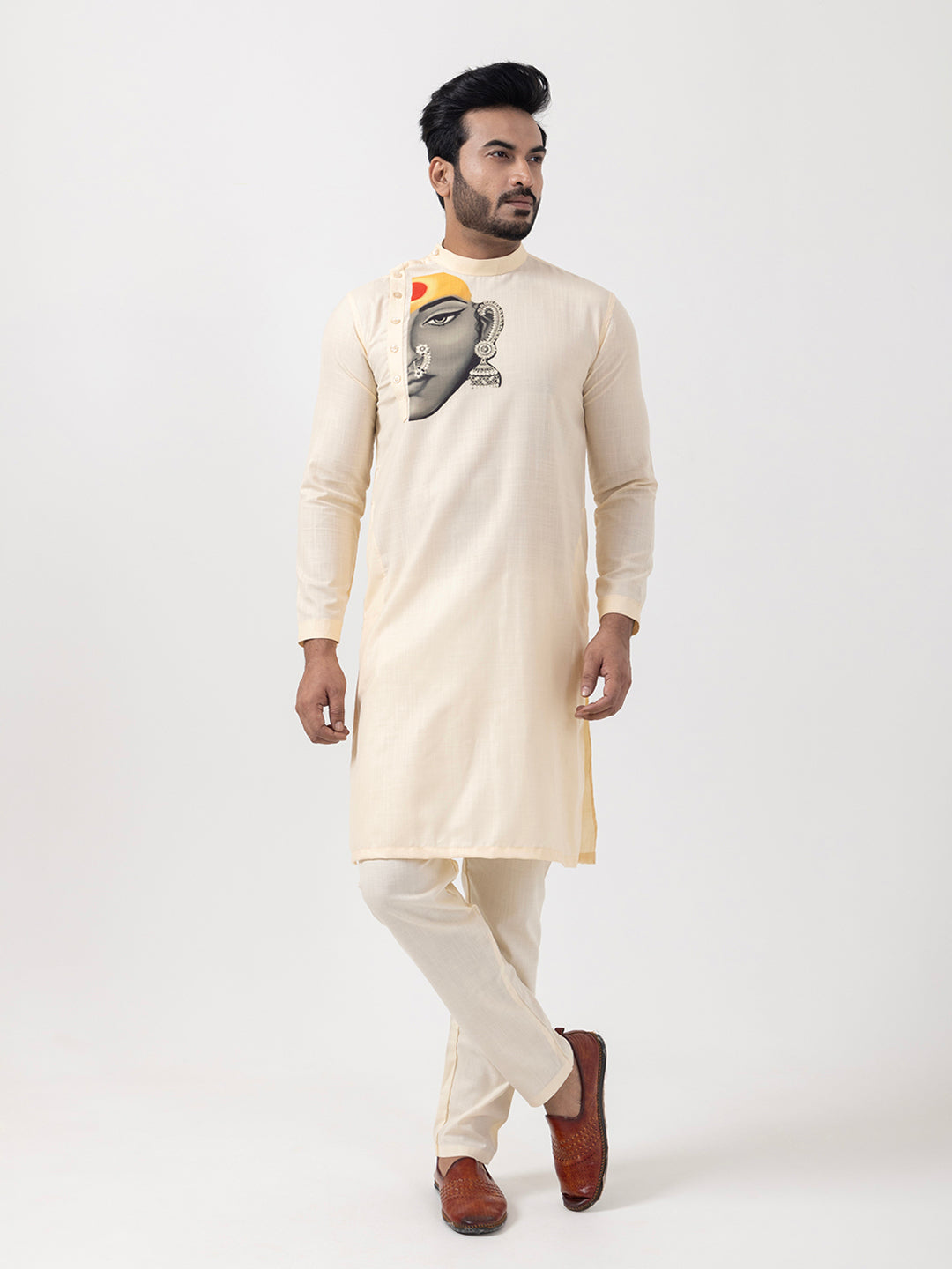 Men's Beige Cotton Kurta Set – Ethnic Print & Side Placket