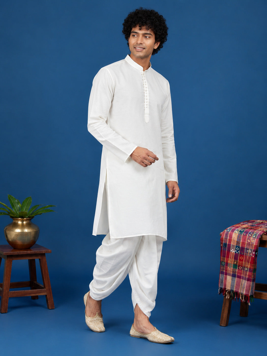 Men's White Cotton Kurta with Dhoti Set – Solid & Side Placket