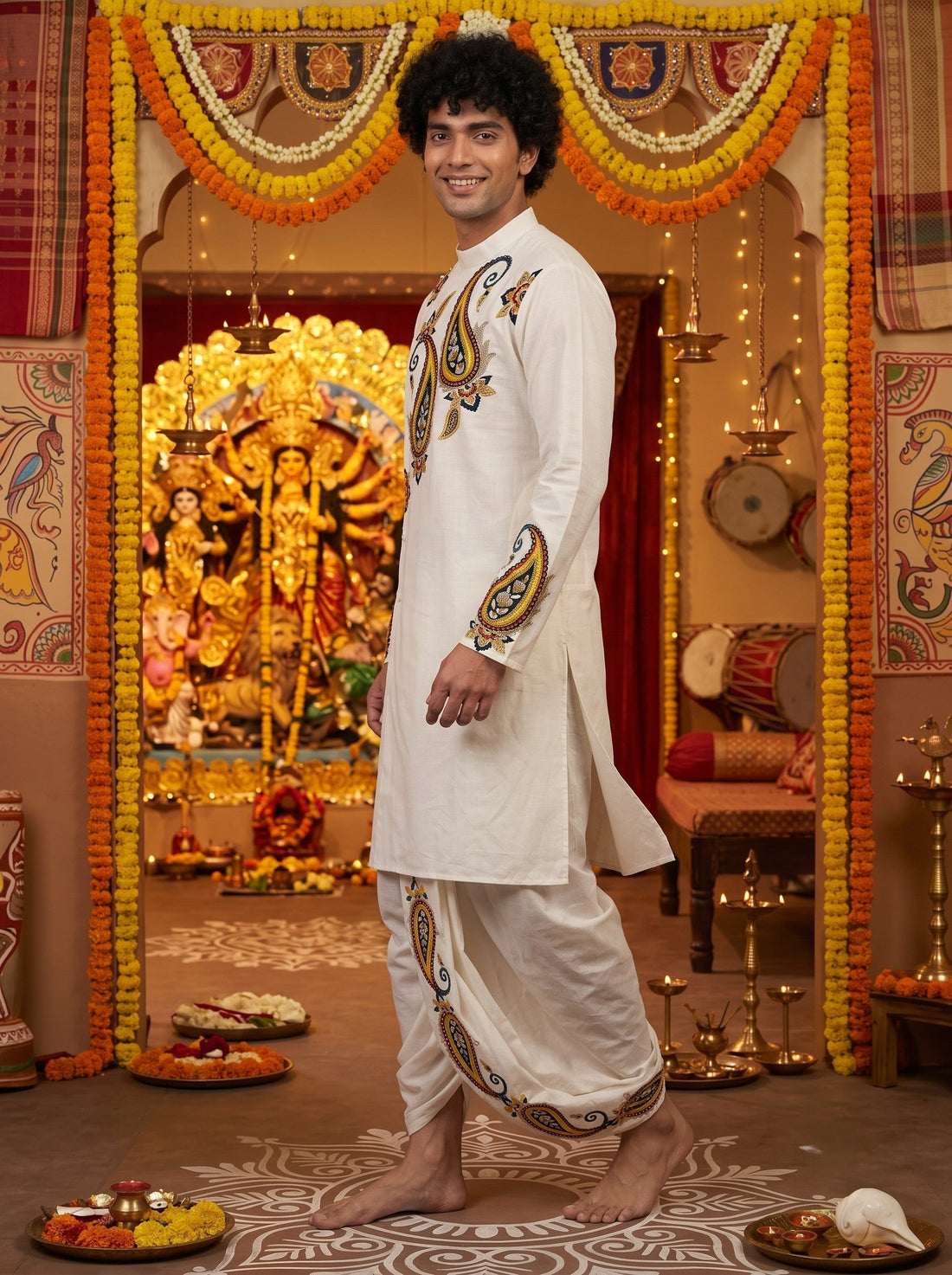 Men's White Cotton Kurta with Dhoti Set – Ethnic Print & Side Placket