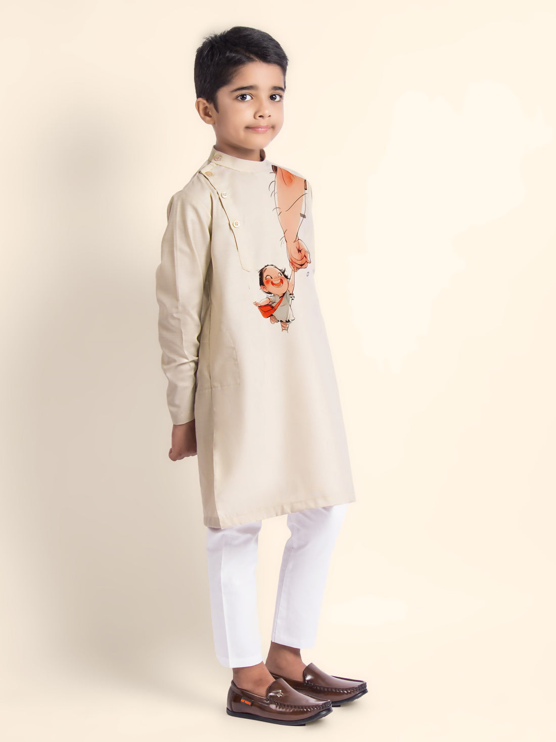 Boys' Beige Cotton Kurta Set – Printed