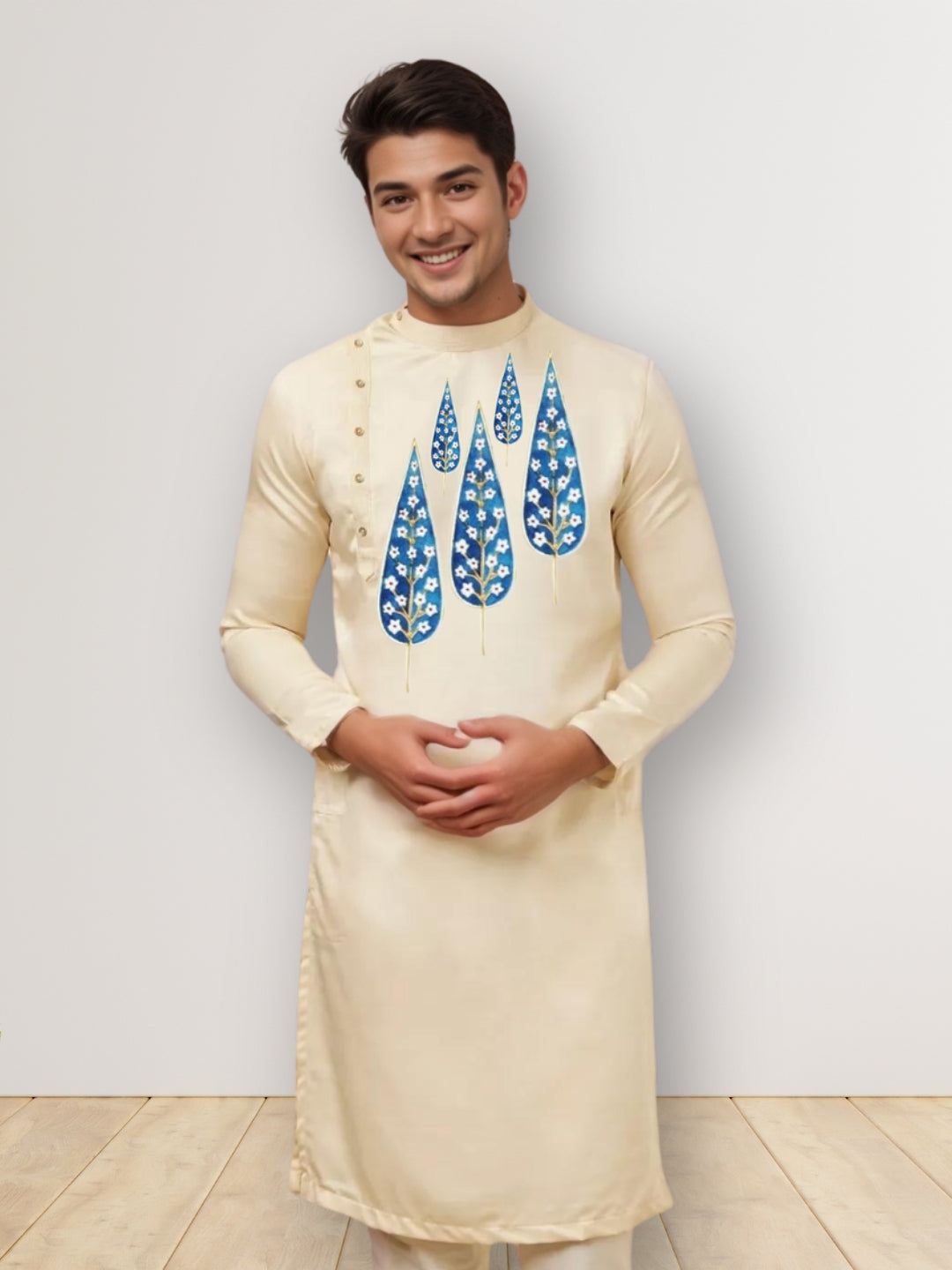Men's Beige Cotton Kurta Set – Ethnic Print & Side Placket