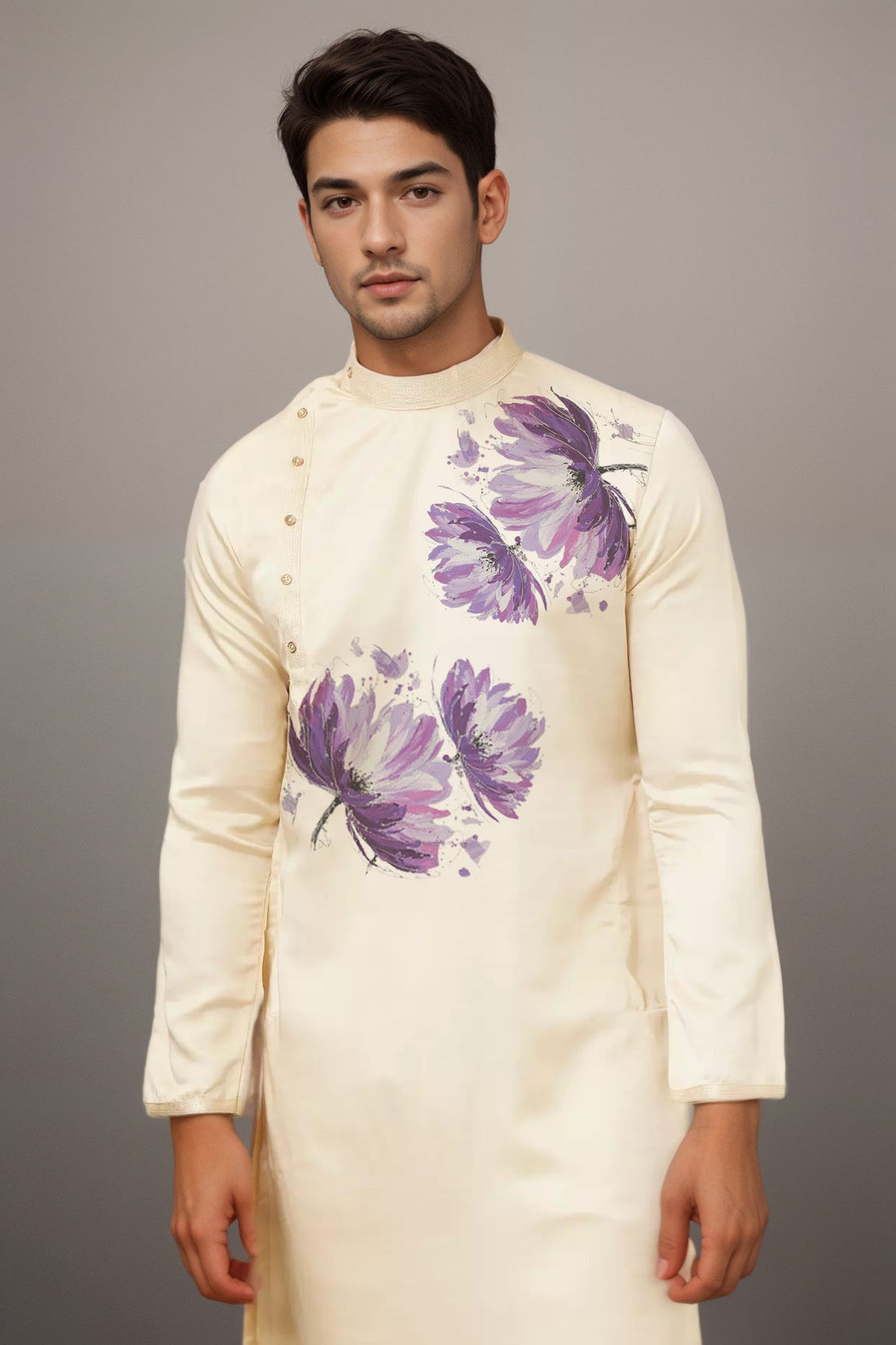 Men's Beige Cotton Kurta Set – Ethnic Print & Side Placket