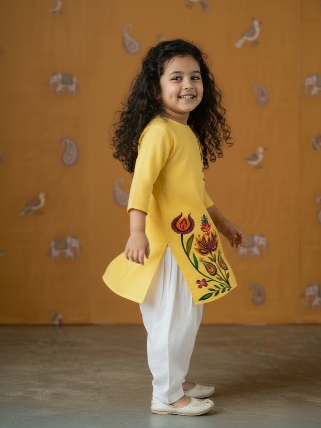 Girls' Yellow Cotton Kurti Set – Ethnic Print