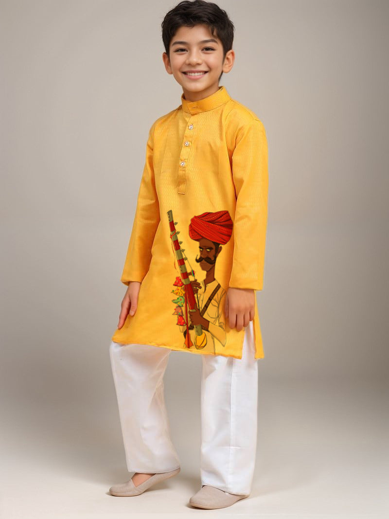Boys' Yellow Cotton Kurta & Pyjama Set – Printed