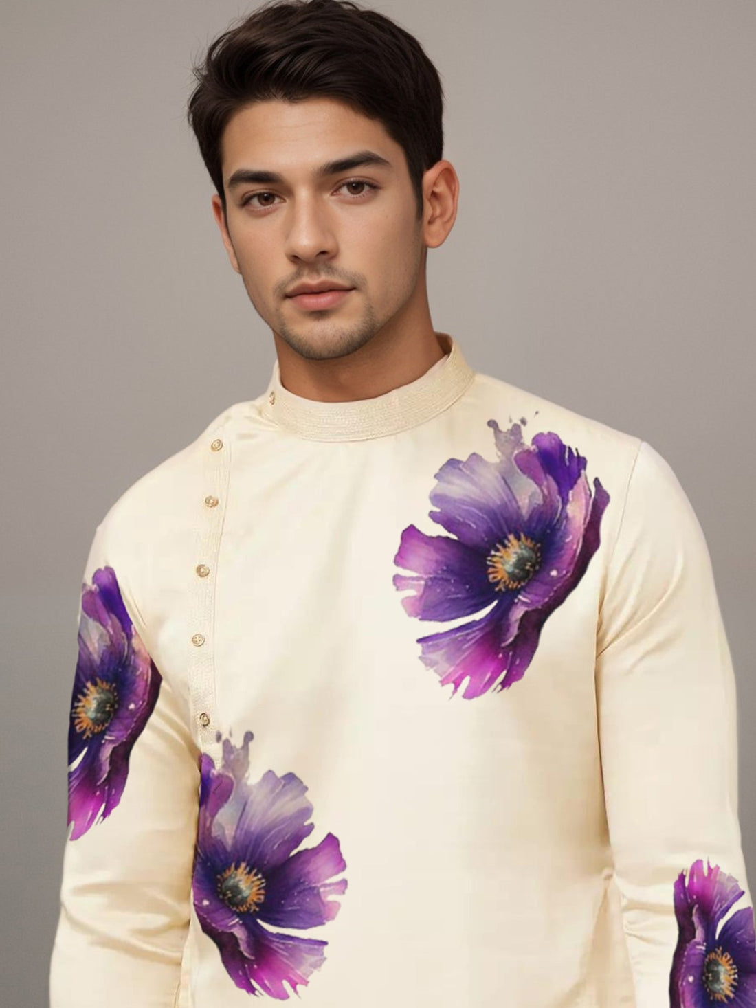 Men's Beige Cotton Kurta Set – Ethnic Print & Side Placket