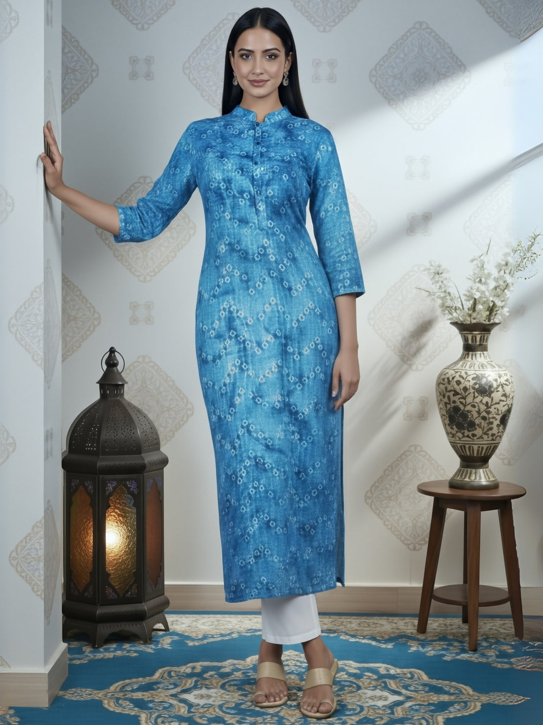 Women's Blue Cotton Kurti Set – Bandhani Print