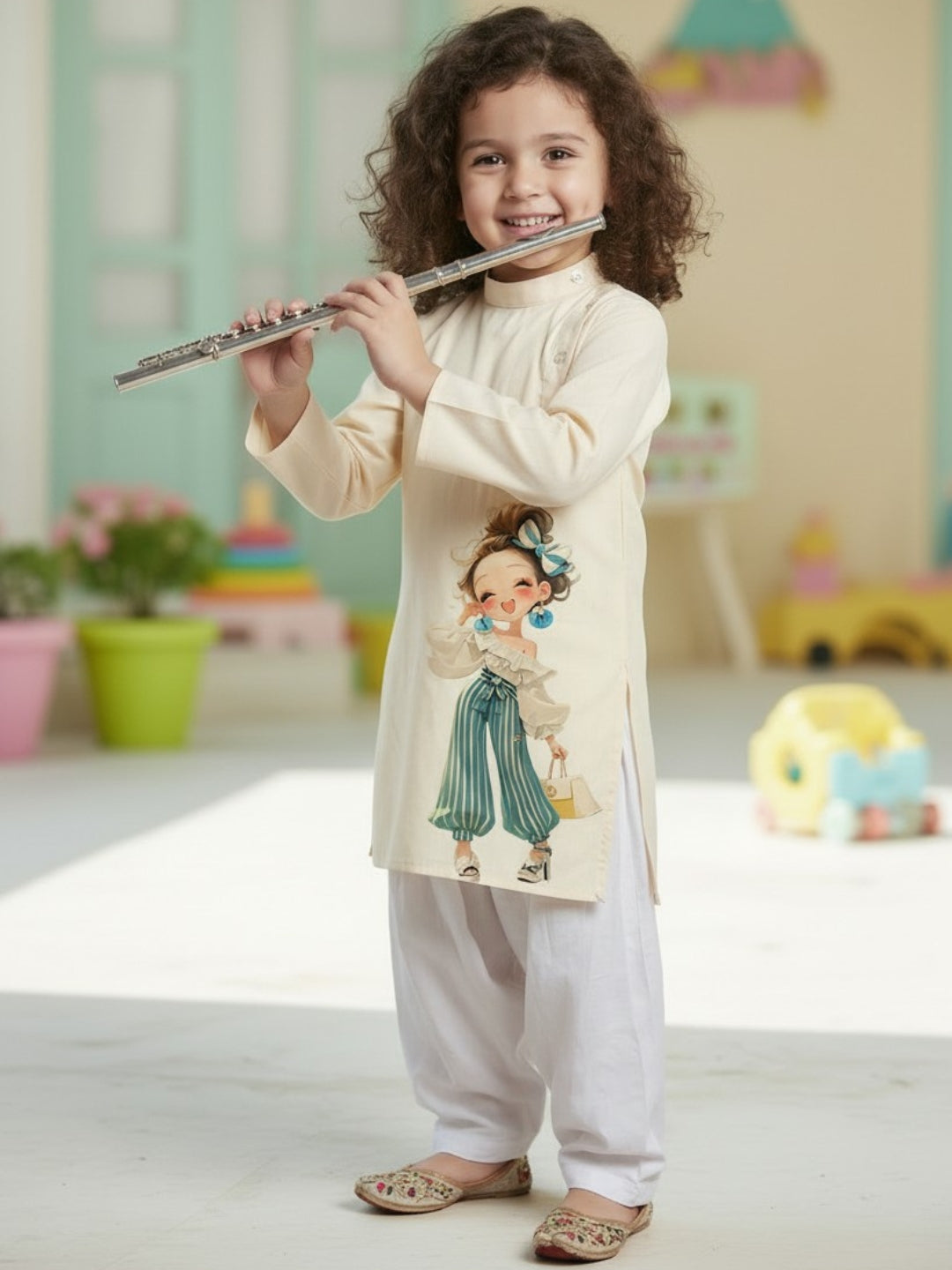 Girls' Beige Cotton Kurti Set – Ethnic Print