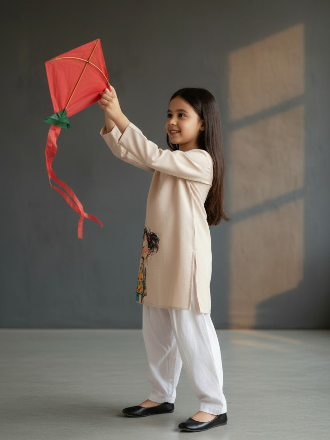 Girls' Beige Cotton Kurti Set – Ethnic Print