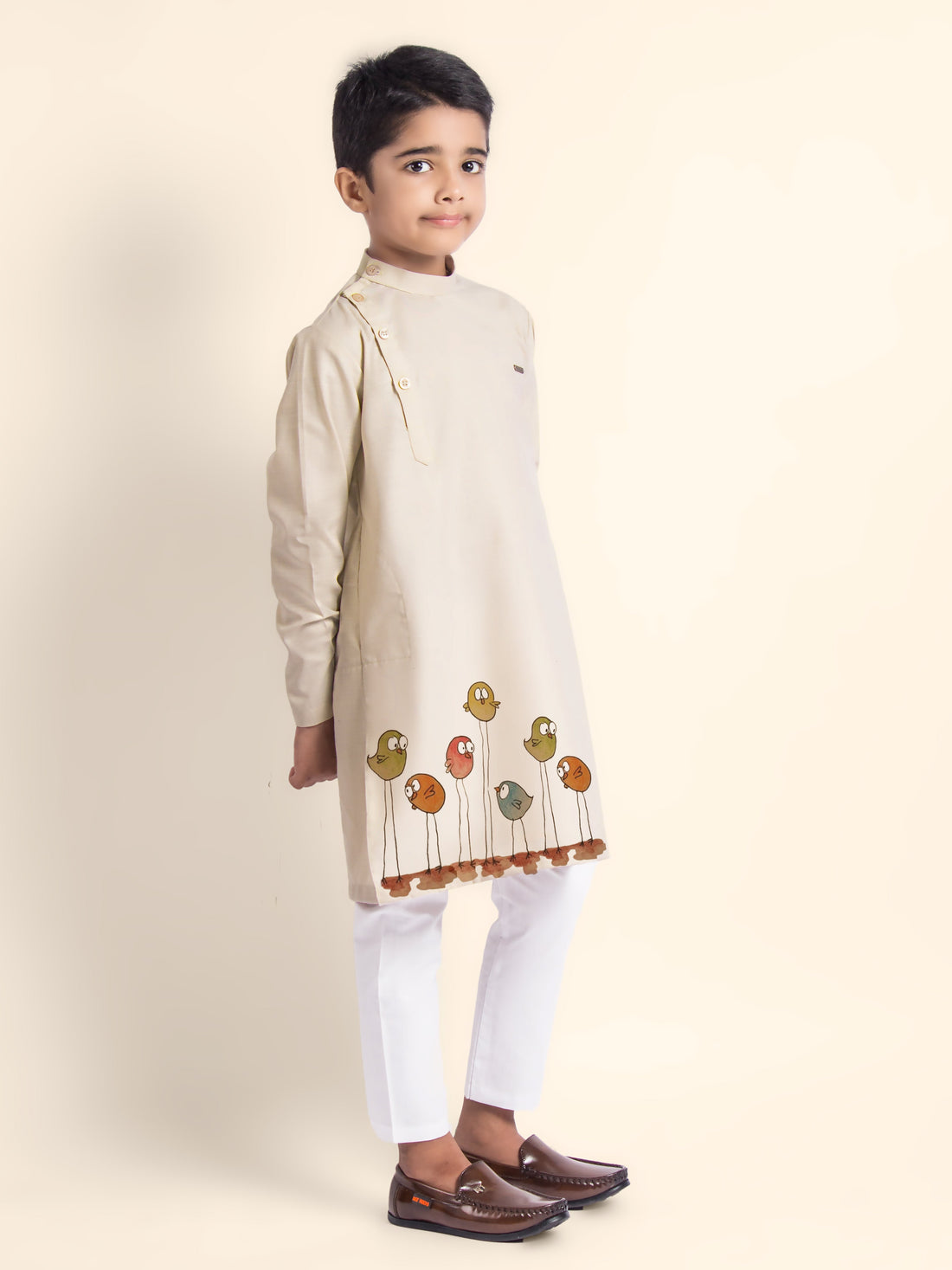 Boys' Beige Cotton Kurta Set – Printed