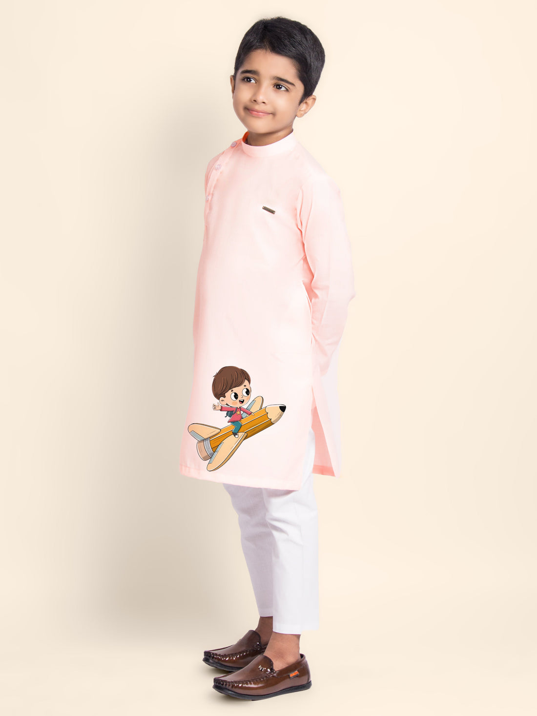 Boys' Pink Cotton Kurta & Pyjama Set – Printed