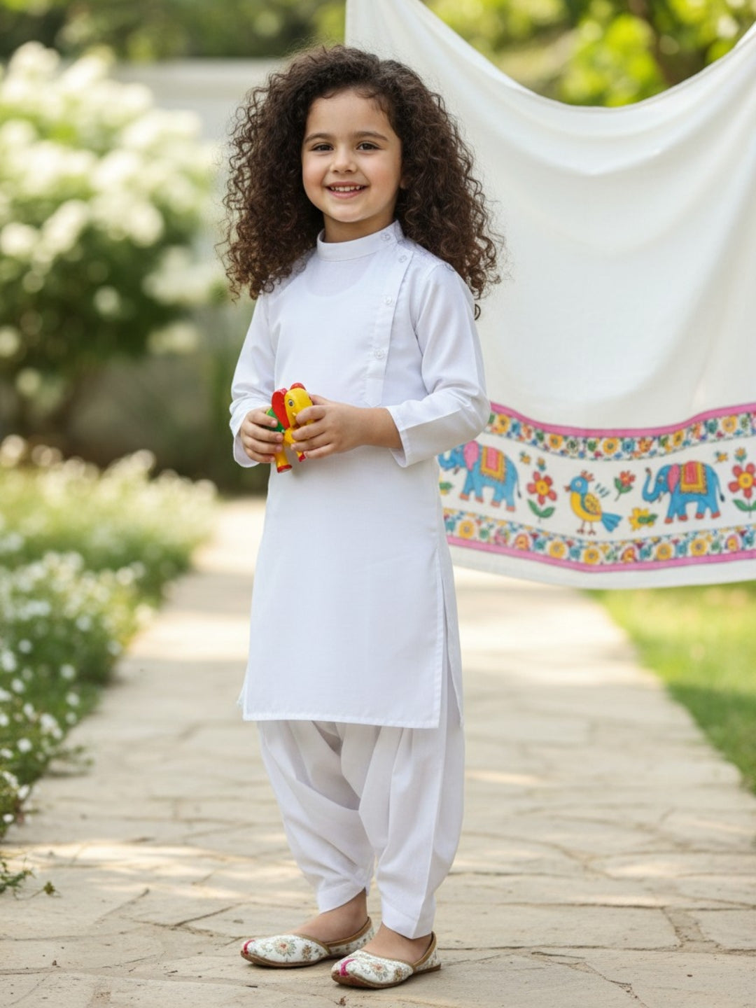 Girls' White Cotton Kurti Set – Solid & Side Placket